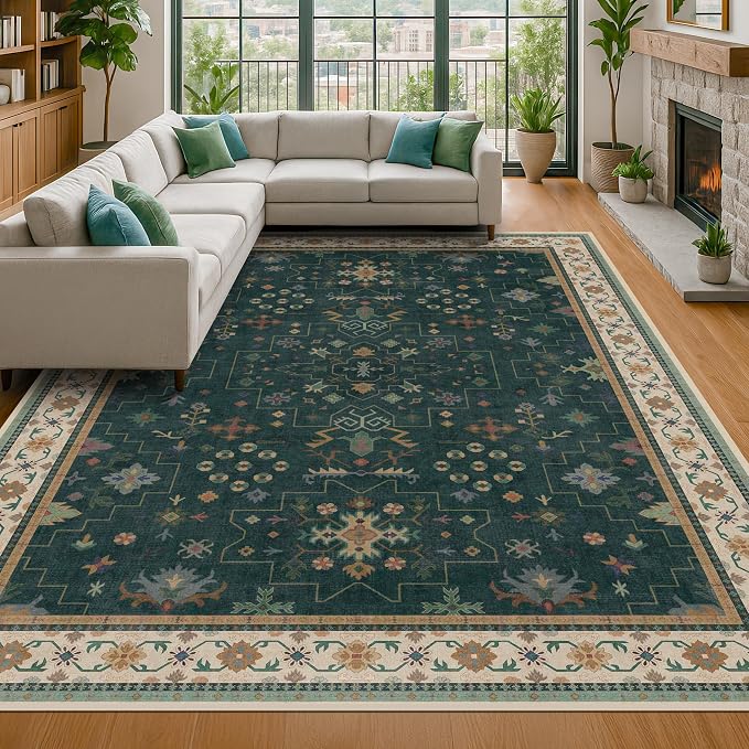 Dark Green Vintage Living Room Rug 9x12 - Image 8