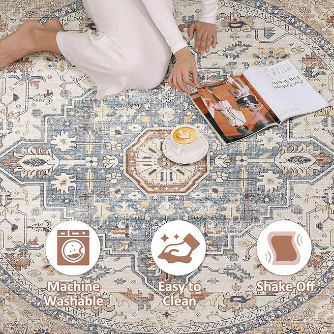 Round Rug Living Room Rugs: 4x4 Washable Boho Neutral Large Circle Soft Indoor - Image 2