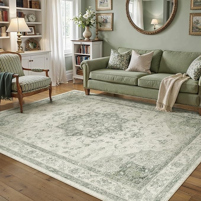 Green Area Rug 5x7 Washable Living Room Carpet Vintage Non Slip Soft Bedroom - Image 5