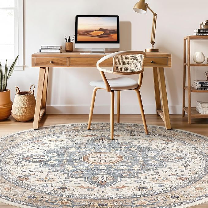 Round Rug Living Room Rugs: 7x7 Washable Boho Neutral Large Circle Soft Indoor - Image 7