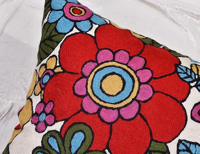 Floral Pillow Cover Handembroidered Wool 18x18 - Image 6