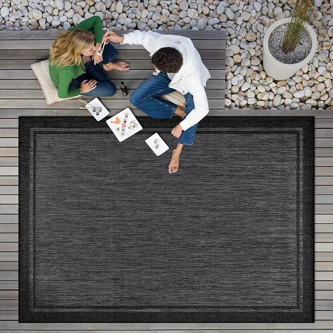 CAMILSON Indoor Outdoor Rug, 9x12 Bordered Dark Grey Black Modern Large Area - Image 6