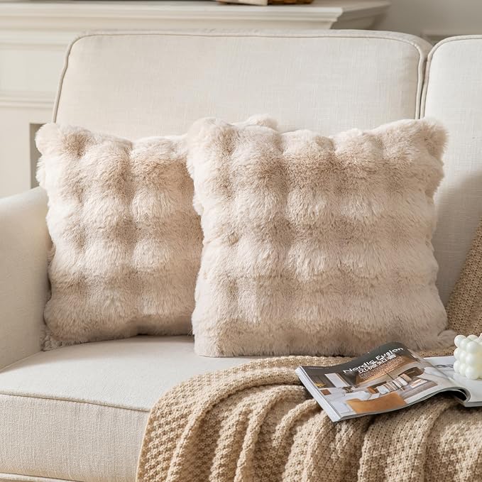 Pack of 2 Thick Plush Throw Pillow Covers Fluffy Wave Faux Fur Decorative by Joyouth