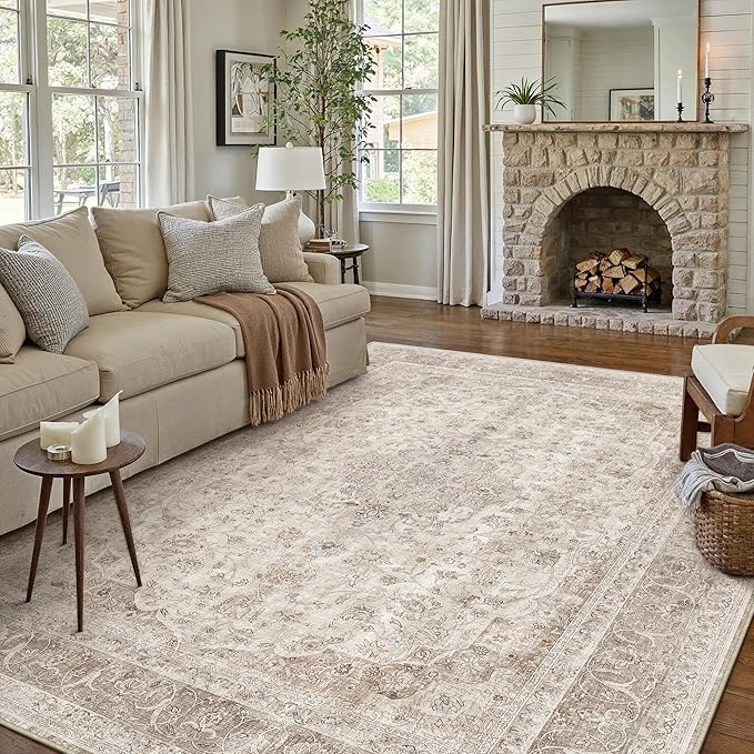 Beige Area Rug 8x10 for Living Room Washable Vintage Carpet Low Pile Non Slip - Image 3