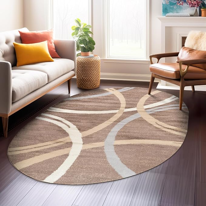 Rugshop Modern Wavy Circles Design Oval Rug, Non-Shedding Carpet by Rugshop