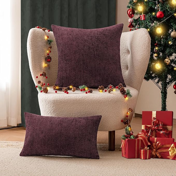 a moment Christmas Wine Red Chenille Throw Pillow Covers 20x20 Inch Pack of 2 - Image 2