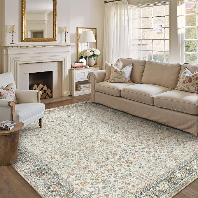 Beige Area Rug 8x10 Living Room Machine Washable Vintage Carpet Non Slip Indoor - Image 4