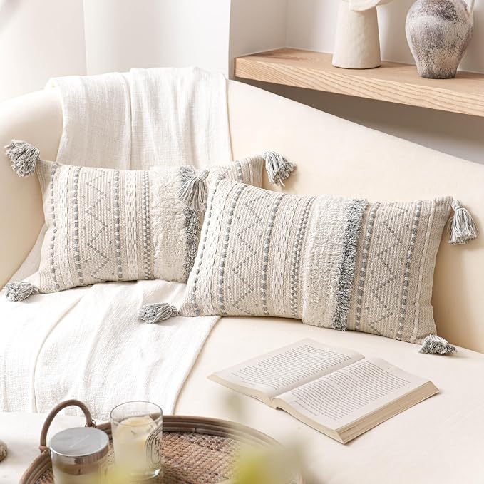BlissBlush Decorative Lumbar Throw Pillow Cover 12x20 Combo Set of 2 Gray by BlissBlush