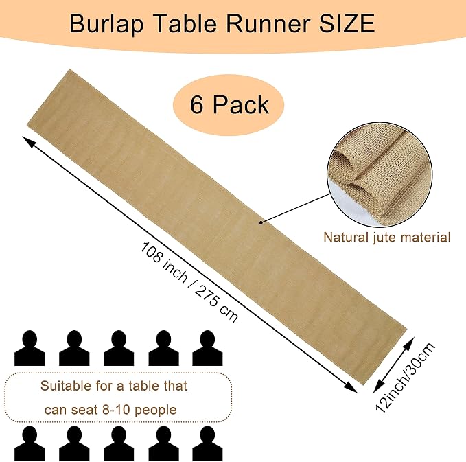 6 Pack Natural Burlap Table Runners, 12 x 108 Inch Rustic Jute Table Runner and - Image 2