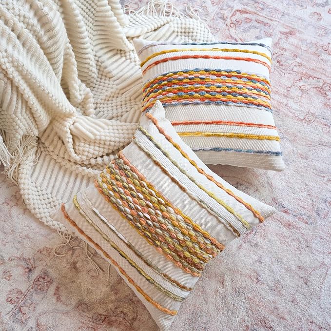 Aeckself Boho Pillow Covers 18x18 Inch Set of 2, Farmhouse Decorative Striped - Image 4