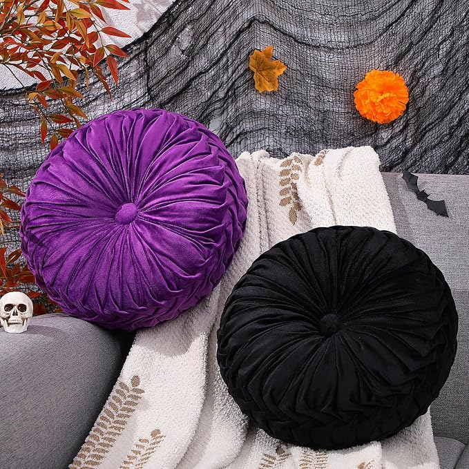 2 Pcs Round Throw Pillows 15 Inch Decorative Velvet Pleated Pumpkin Floor Boho - Image 8