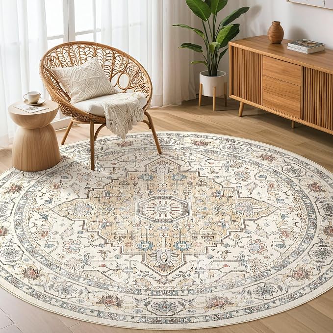 Round Rug Living Room Rugs: 6Ft Washable Boho Neutral Large Circle Soft Indoor by LOONGRUG