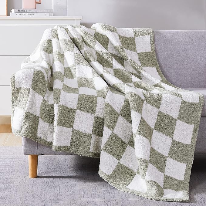 WRENSONGE Checkered Throw Blanket, Sage Green Soft Cozy Fluffy Warm Hand Made by WRENSONGE