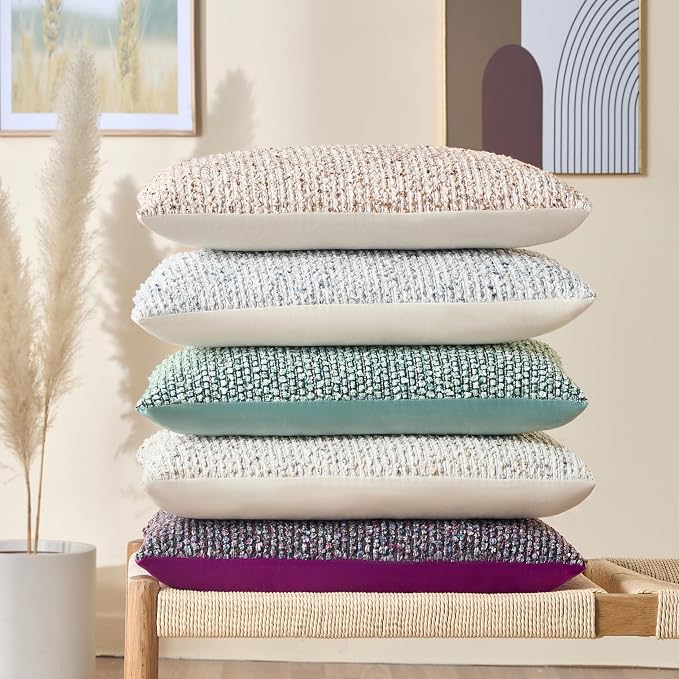 Decorative Couch Throw Pillow Covers 12x20 Set of 2 Beige Striped Soft Wool - Image 5