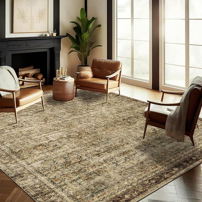 Area Rug 4x6 Washable Rug Brown Vintage Traditional Floor Cover Foldable Thin by CHAMPLANT