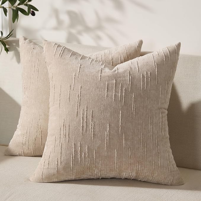 Set of 2 Soft Textured Throw Pillow Covers 24x24, Invisible Zipper Neutral by HOME