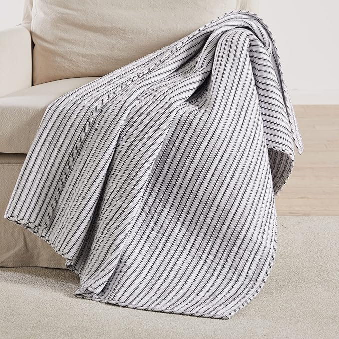 Levtex Home - Tobago Stripe Charcoal - Quilted Throw - 50x60in. - White - Image 2