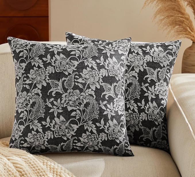 Floral Jacquard Throw Pillow Covers Set of 2, Background/Charcoal 16x16 Inch by Unknown