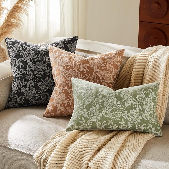 Floral Jacquard Throw Pillow Covers Set of 2, Background/Green 18x18 Inch - Image 6