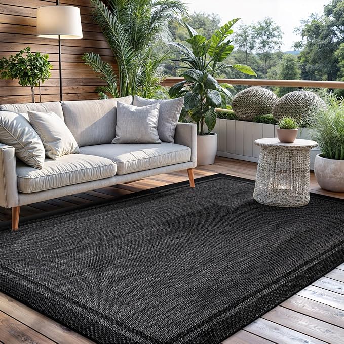 CAMILSON Indoor Outdoor Rug, 9x12 Bordered Dark Grey Black Modern Large Area - Image 8