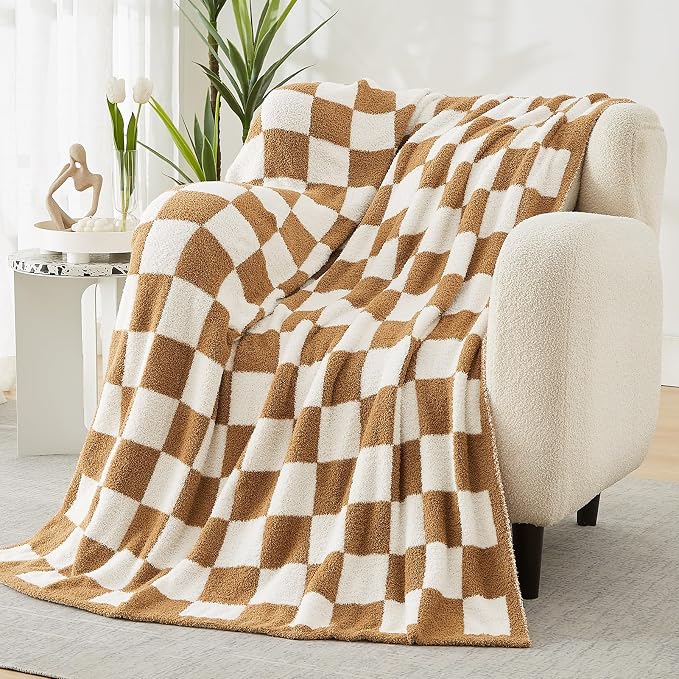 WRENSONGE Fall Checkered Throw Blanket, Burnt Orange Soft Cozy Fluffy Warm Hand - Image 6