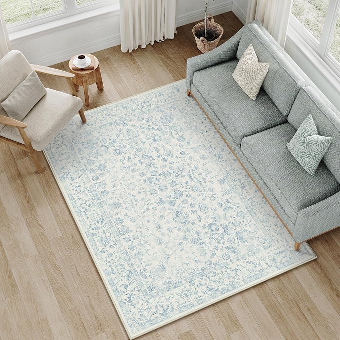 4x6 Blue Area Rug Non Slip Vintage Office Entryway Rug Distressed Machine by PureCozy