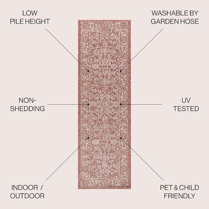 JONATHAN Y Weave Floral Indoor Outdoor Runner Rug 2X8 Red/Taupe, Tela Bohemian - Image 2