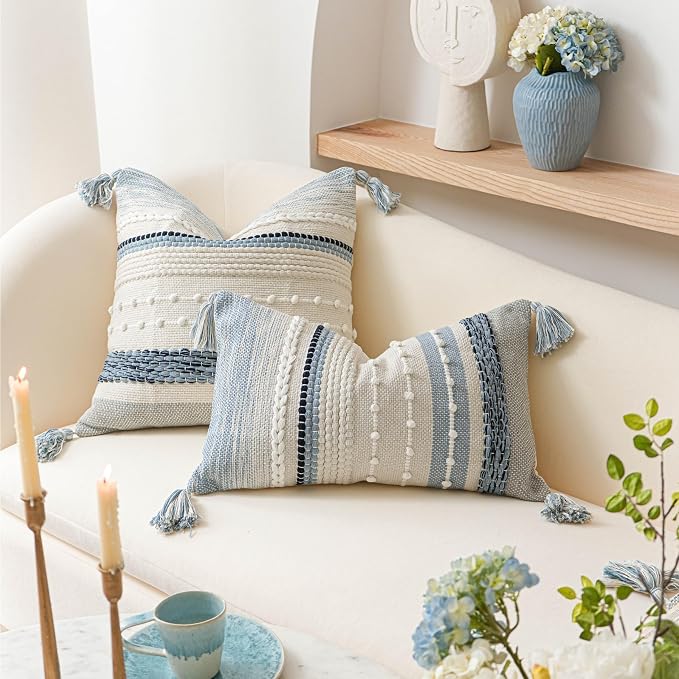 BlissBlush Coastal Blue Boho Decorative Throw Pillow Cover 22x22 Modern - Image 4