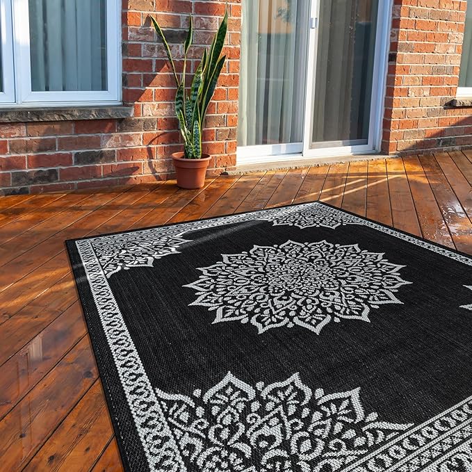 CAMILSON Outdoor Rug, 6x9 Medallion Black White Modern Area Rugs by CAMILSONIndoorOutdoorAreaRugs