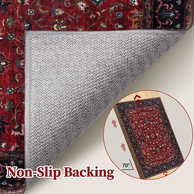 Tangsoo 2x3 Washable Rugs for Entryway, Vintage Floral Rug Red Small Area Rug - Image 3