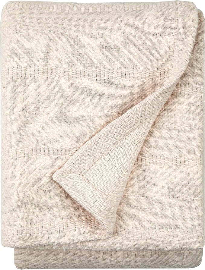 Sticky Toffee Cotton Throw Blanket, 60 x 50 Inch, Ivory Cream Herringbone Weave by StickyToffee