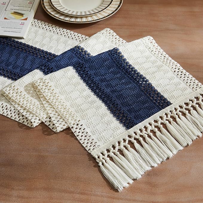 ZeeMart Macrame Style Bicolor Stitching Table Runner, 14 x 48 Inch Navy by ZEEMARTONLINE