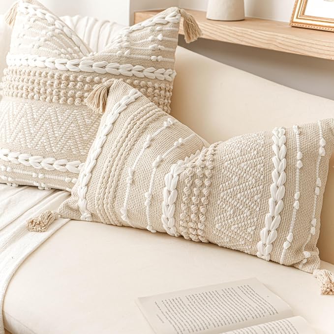 BlissBlush Decorative Lumbar Pillow Cover 14x24, Cream White Boho Accent Throw - Image 7