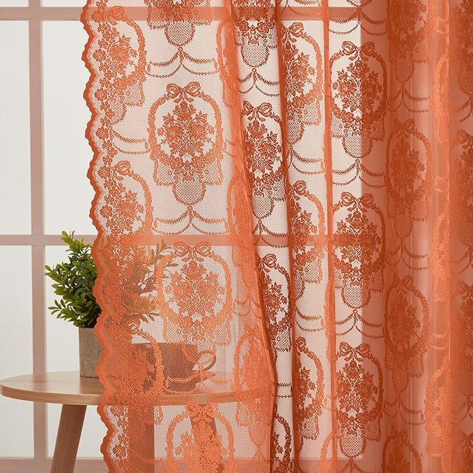 Burnt Orange Lace French Delicacy Curtains 63 Inches Long -Rod Pocket Luxury by Unknown