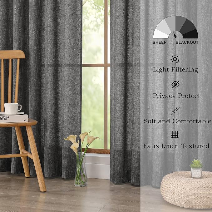 Simplebrand Grey Semi Sheer Faux Linen Textured Curtains 54 Inch Length 2 - Image 6