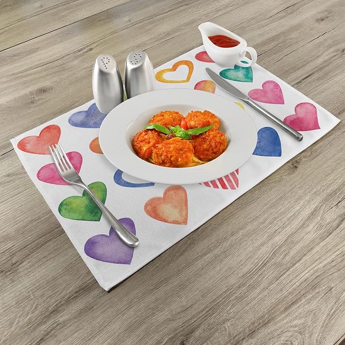 Ambesonne Grunge Place Mats Set of 8, Rainbow Color Heart Shapes Valentine's - Image 2