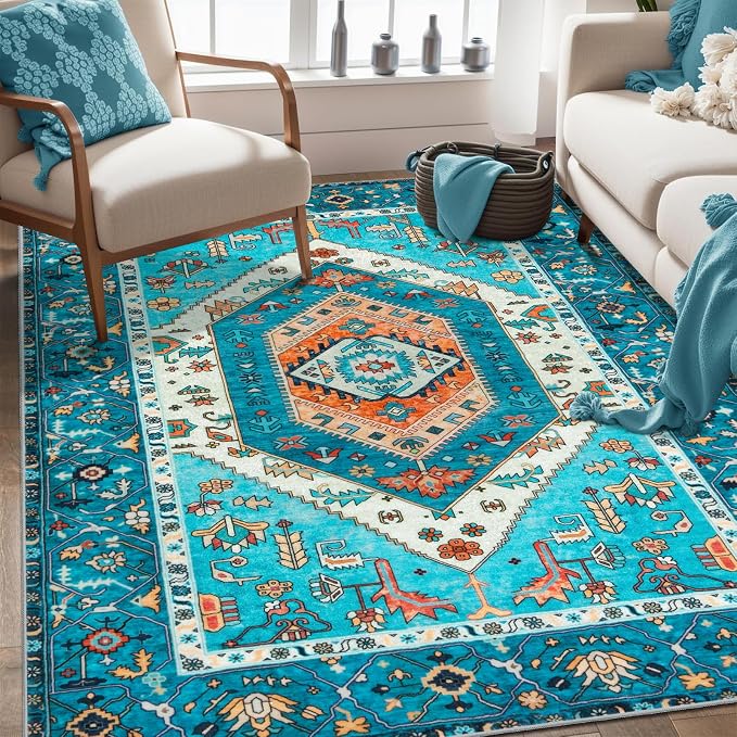 SERISSA 4x6 Boho Bedroom Rug, Washable Non Slip Vintage Blue Area Rugs - Image 5