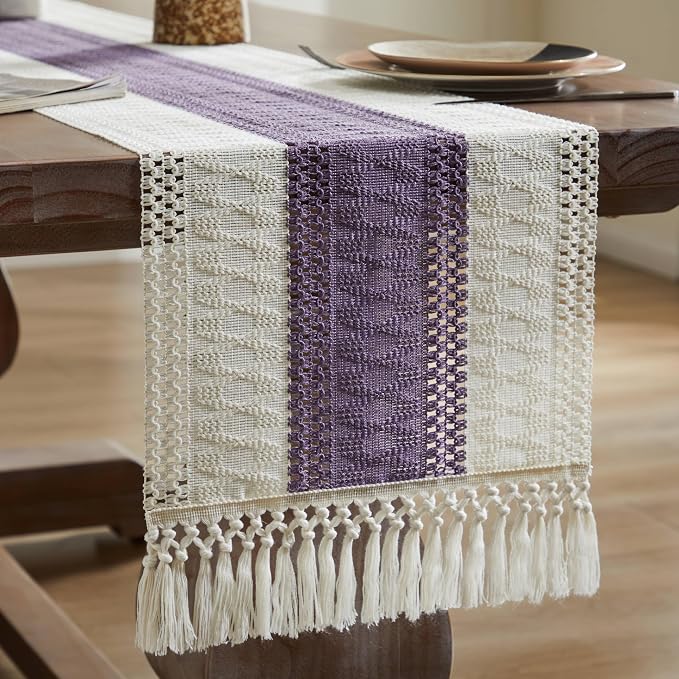 ZeeMart Macrame Style Bicolor Stitching Table Runner, 14 x 48 Inch Purple/Ivory - Image 7