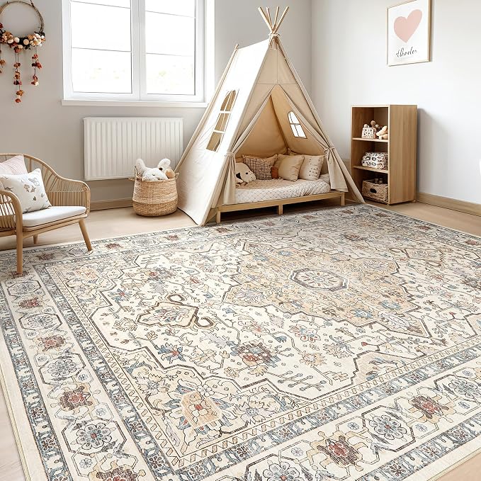 7x10 Area Rug Living Room: Washable Boho Large Neutral Vintage Soft Rugs Stain - Image 5