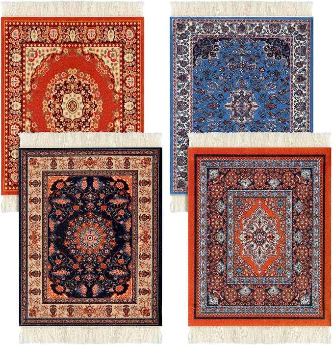 4 Pieces Rug Table Coasters Table Drink Holders Oriental Design Fabric Carpet by Tatuo