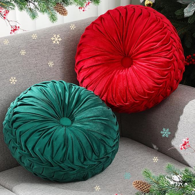 2 Pcs Round Throw Pillows 15 Inch Decorative Velvet Pleated Pumpkin Floor Boho by Beeveer