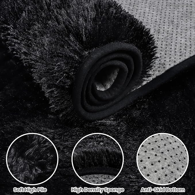 2x6 Bedside Area Rugs for Bedroom: Soft Fluffy Shag Black Rug for Hallway - Image 5