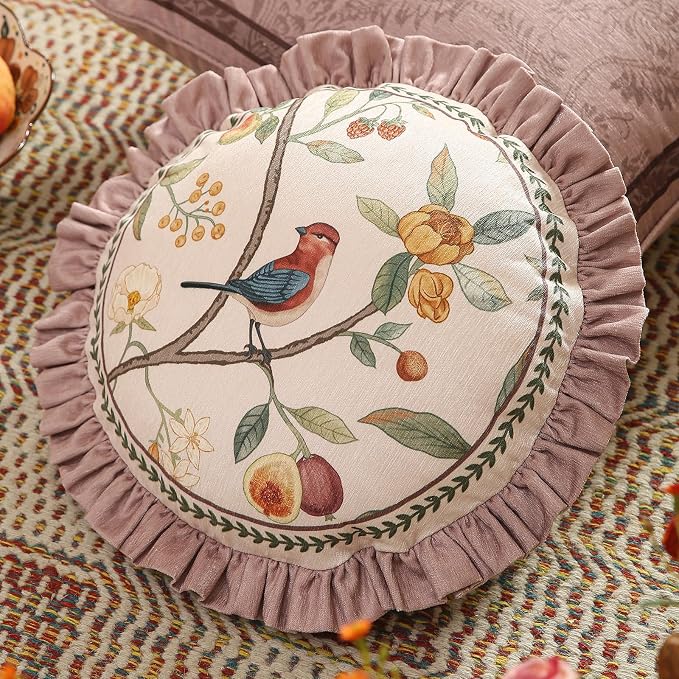 Pink Farmhouse Round Throw Pillow Covers, Birds and Flowers Pattern Cozy Velvet - Image 7
