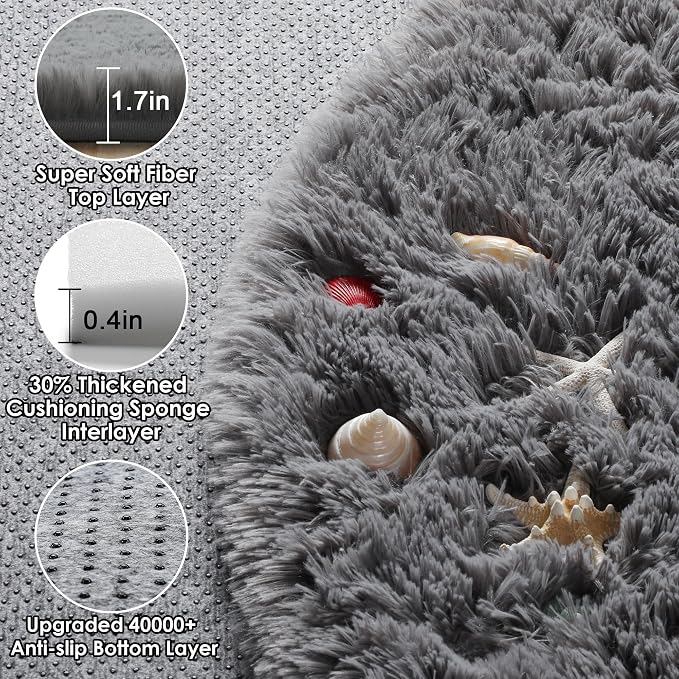 ONASAR Grey Round Area Rug 4ft, Fluffy Plush Shaggy Carpet Mats - Image 2