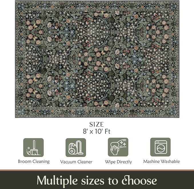 MUJOO 8x10 Area Rugs, Floral Washable Rugs - Image 2