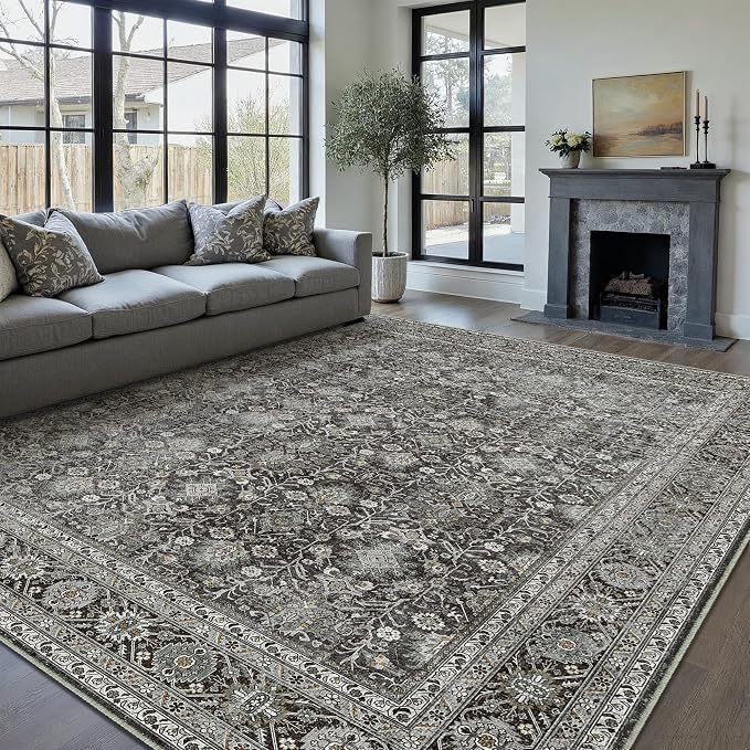 Vintage Area Rug 10x14 Black Washable Living Room Large Carpet Non Slip Bedroom by PureCozy