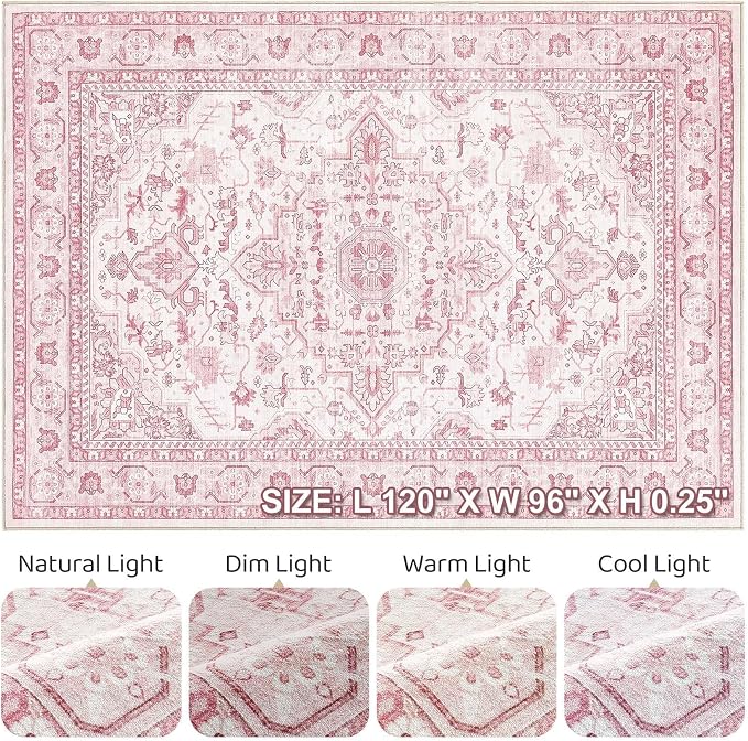 Pink Rugs for Bedroom Girls: 8x10 Washable Boho Large Neutral Cute Soft Area - Image 9
