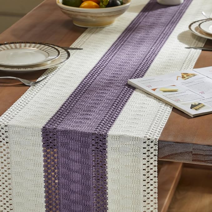 ZeeMart Macrame Style Bicolor Stitching Table Runner, 14 x 90 Inch Purple/Ivory - Image 5