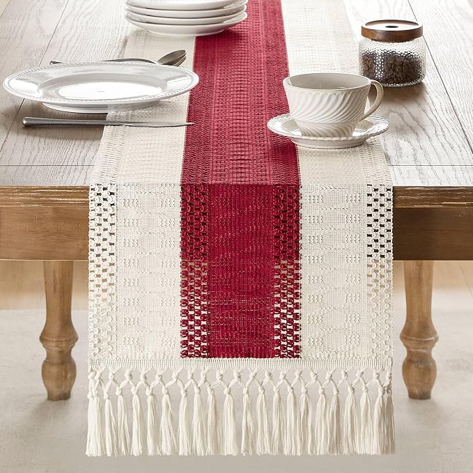 ZeeMart Macrame Style Bicolor Stitching Table Runner, 14 x 36 Inch Red/Ivory - Image 2