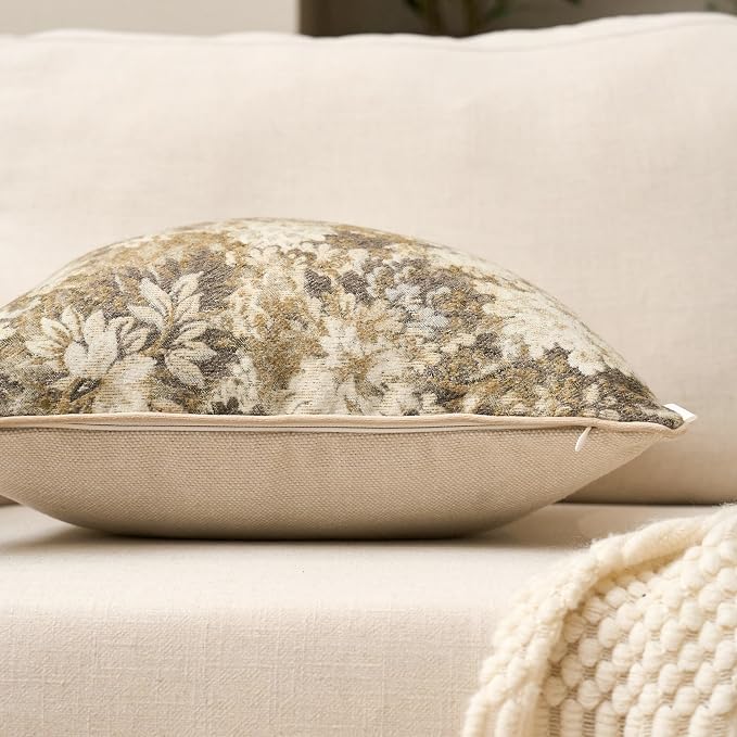Yangest Neutral Floral Pillow Cover 24 x 24 Inches, Vintage Chenille Square - Image 3